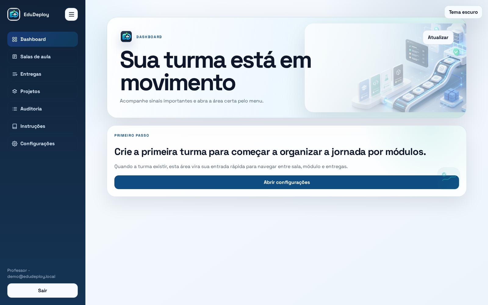 Painel do EduDeploy, mostrando o dashboard inicial com menu de turmas, entregas e projetos