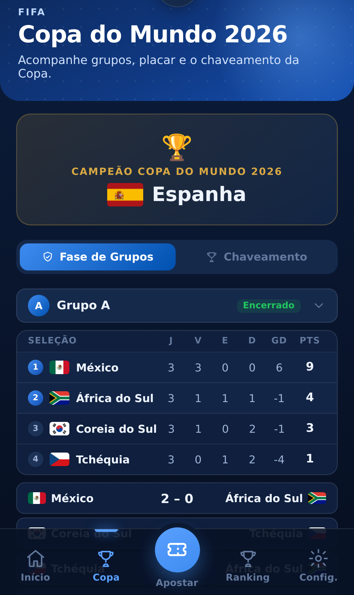 Tela mobile do Pantahexa com a classificação da fase de grupos, jogos encerrados e placar de cada partida sincronizados automaticamente