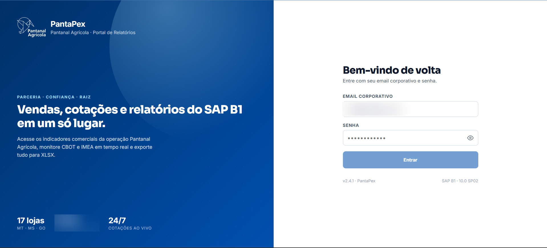 Tela de login do PantaPex, com identidade visual da Pantanal Agrícola e indicadores de rodapé mascarados